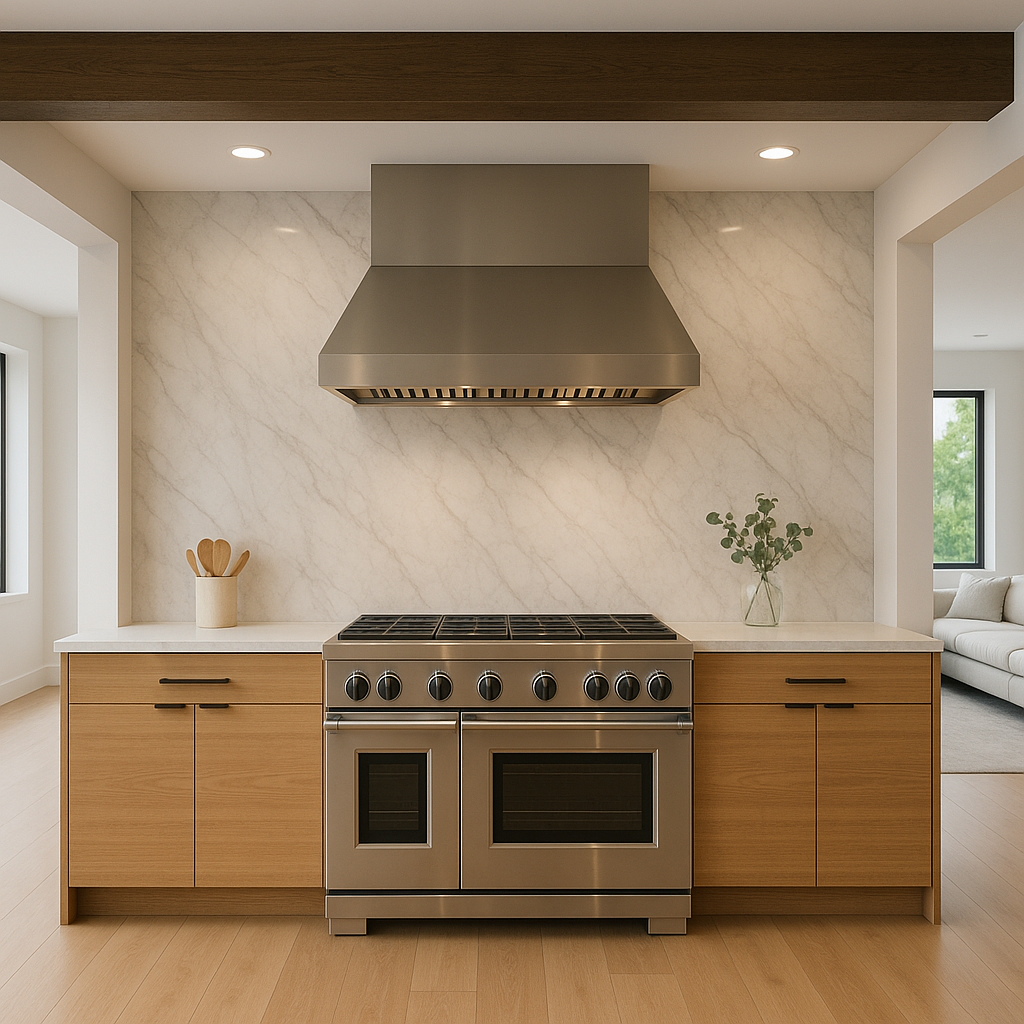 Open concept kitchen with pro range